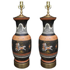 Pair of Late Greek Revival, Glazed Terra Cotta Urns as Lamps