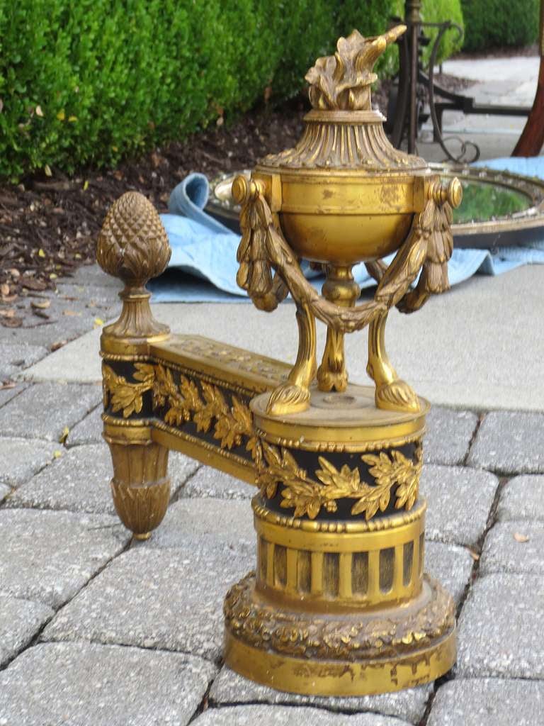 Cast Pair of Late 19th/Early 20th Century Louis XVI Style Gilt Bronze Chenets For Sale