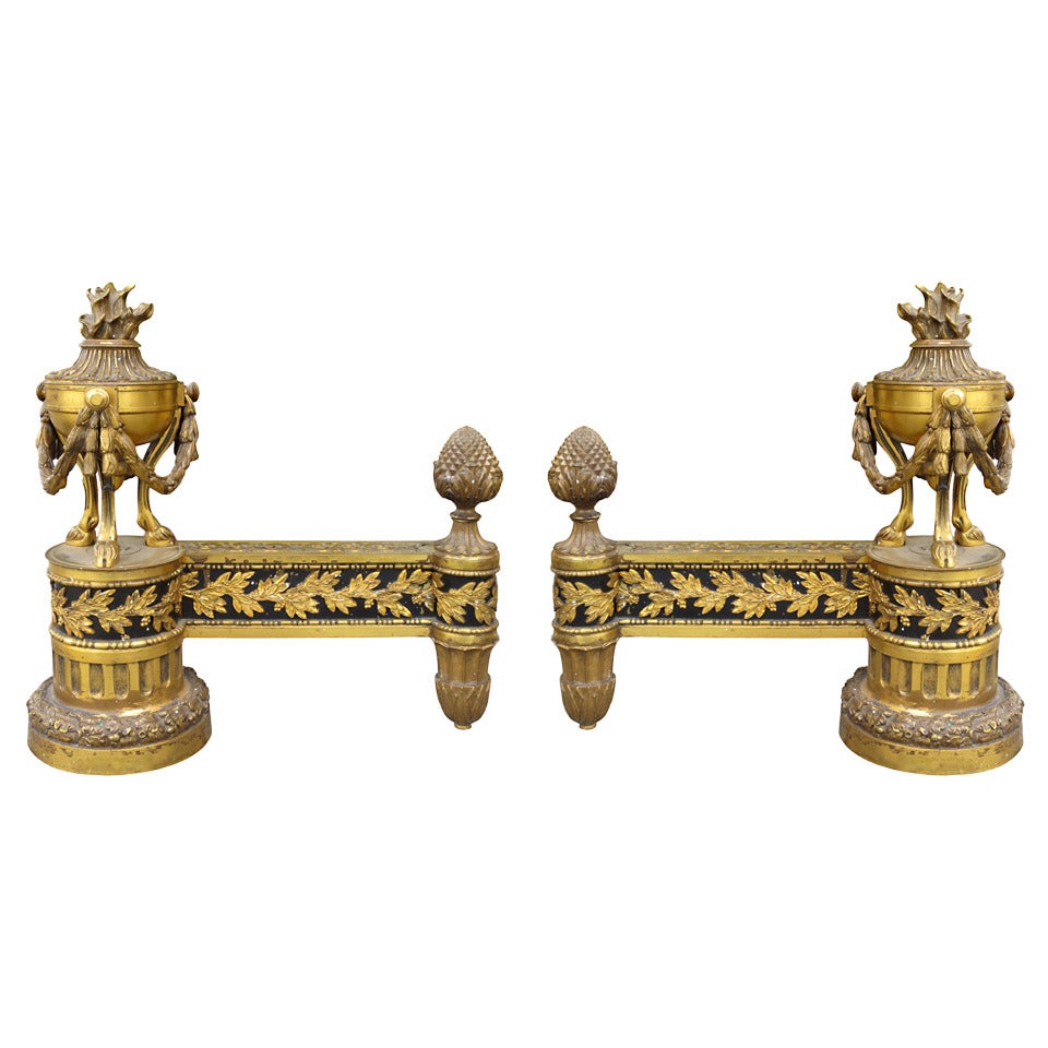 Pair of Late 19th/Early 20th Century Louis XVI Style Gilt Bronze Chenets For Sale
