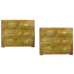 Pair Of Mid C Italian Olive Wood Campaign Chests With Four Drawers