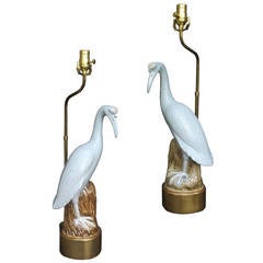 Pair of 20th Century Porcelain Cranes as Lamps