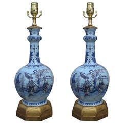 Pair Of Early Delft Lamps On Custom Gilt Bases, Prob.18thc