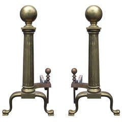 Pair of 19th/20th Century American Large Brass Ball Top Andirons