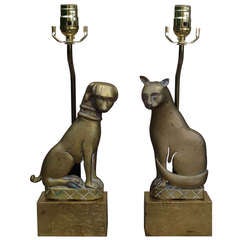 Pair Of Early 20thc Bronze Cat & Dog Andirons As Lamps