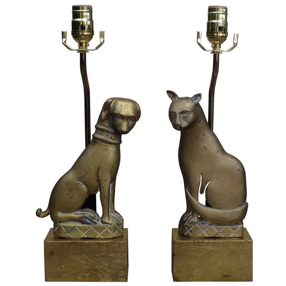 Pair Of Early 20thc Bronze Cat 
Dog Andirons As Lamps