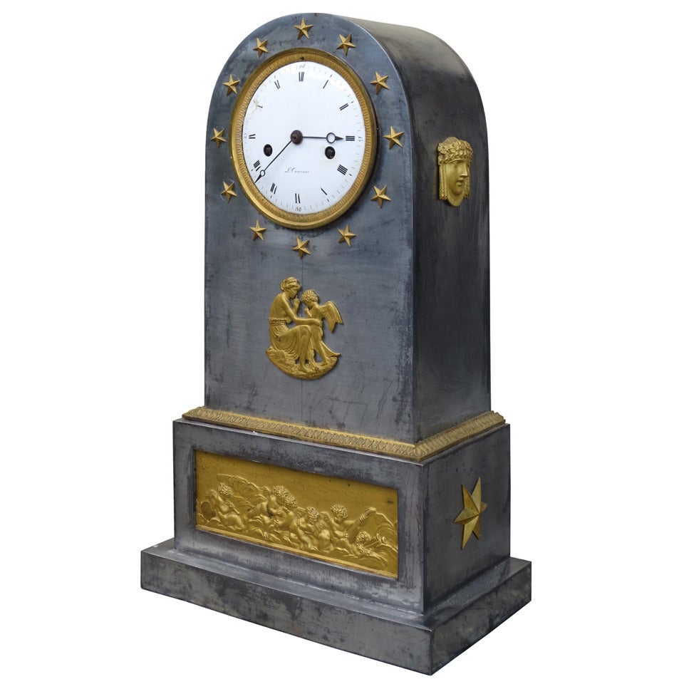 19th Century French Directoire Steel and Ormolu Clock For Sale