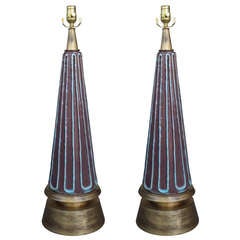 Pair of Mid-Century Pottery Lamps on Custom Gilt Bases, Probably Italian 3