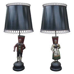 Pair of 19th Century Continental Figural Tole Lamps With Shades