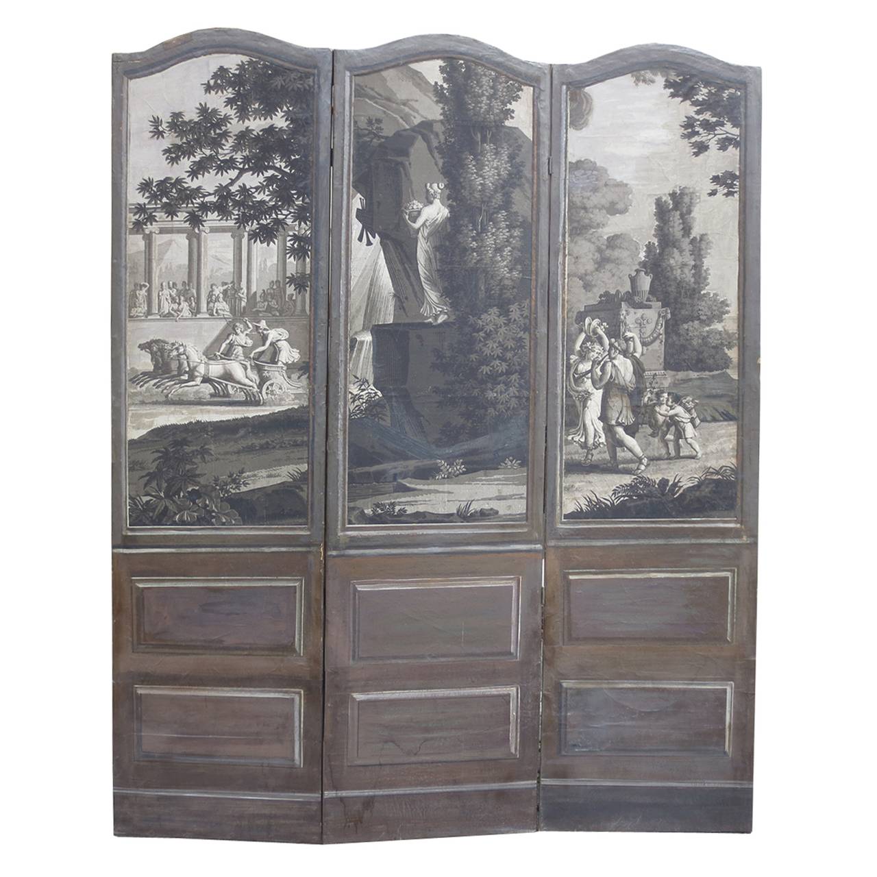 19th Century Neoclassical Wallpaper Paneled Screen in Grisaille, Possibly Dufour 5