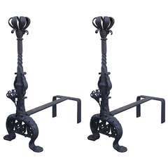 Antique Pair of 18th-19th century Large Italian Style Iron Andirons