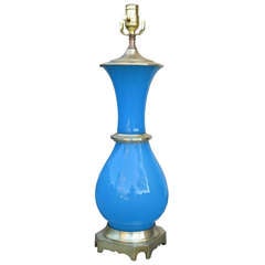 Mid C French Blue Opaline Lamp On Polished Brass Base