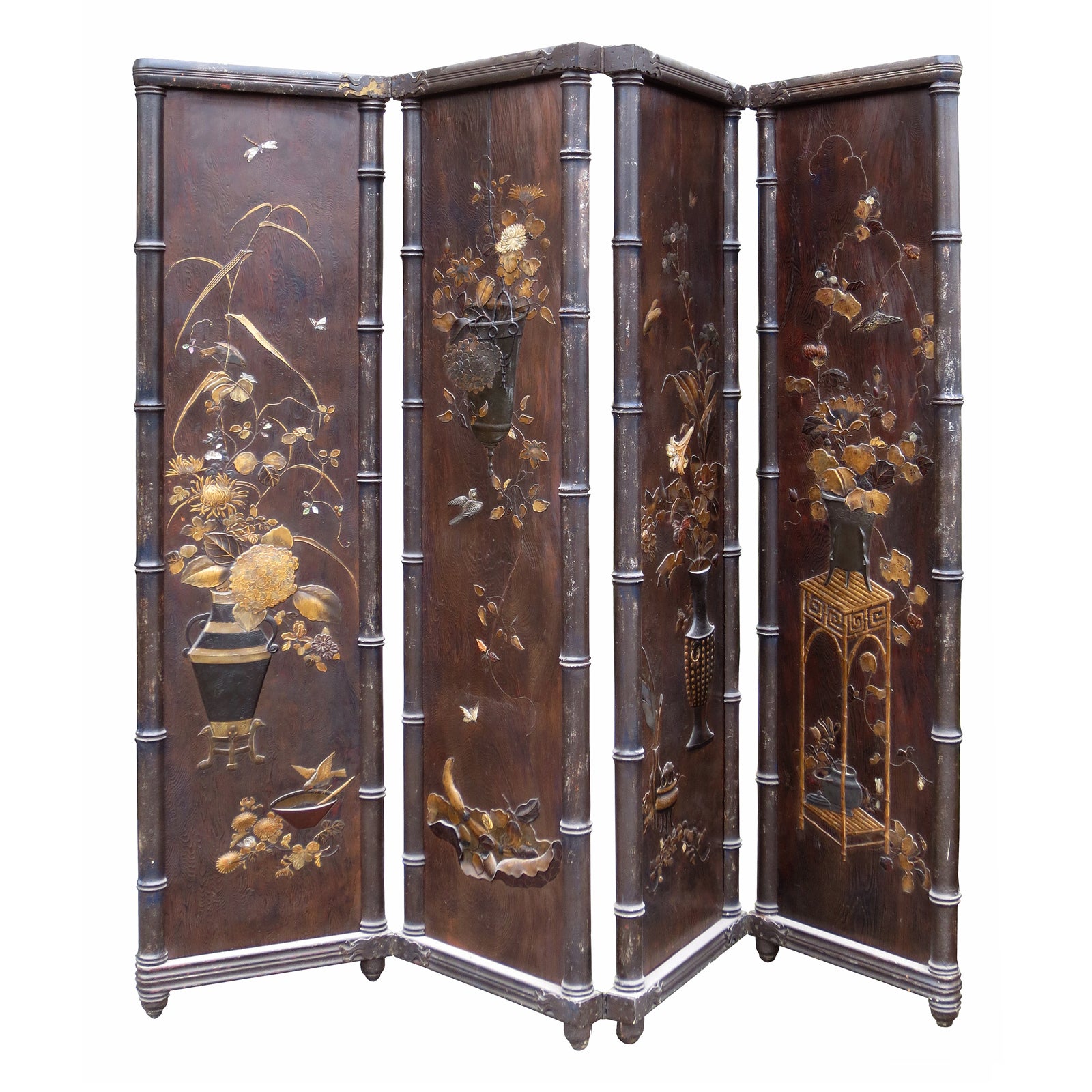 18th-19th Century Carved & Gilded Four-Panel Screen Edged in Faux Bamboo