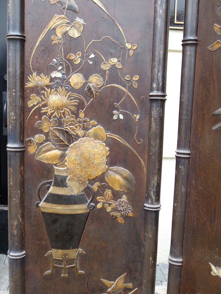 18th-19th Century Carved & Gilded Four-Panel Screen Edged in Faux Bamboo. Gilt Detail. Each panel is 18