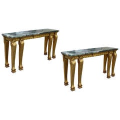 Pair of 20th Century Neoclassical Giltwood Consoles with Green Marble Tops Pair of 20th Century Neoclassical Giltwood Consoles with Green Marble Tops