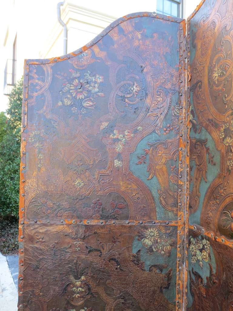 18th century Venetian style embellished leather screen.