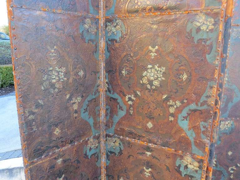 18th Century Venetian Style Embellished Leather Screen In Good Condition In Atlanta, GA