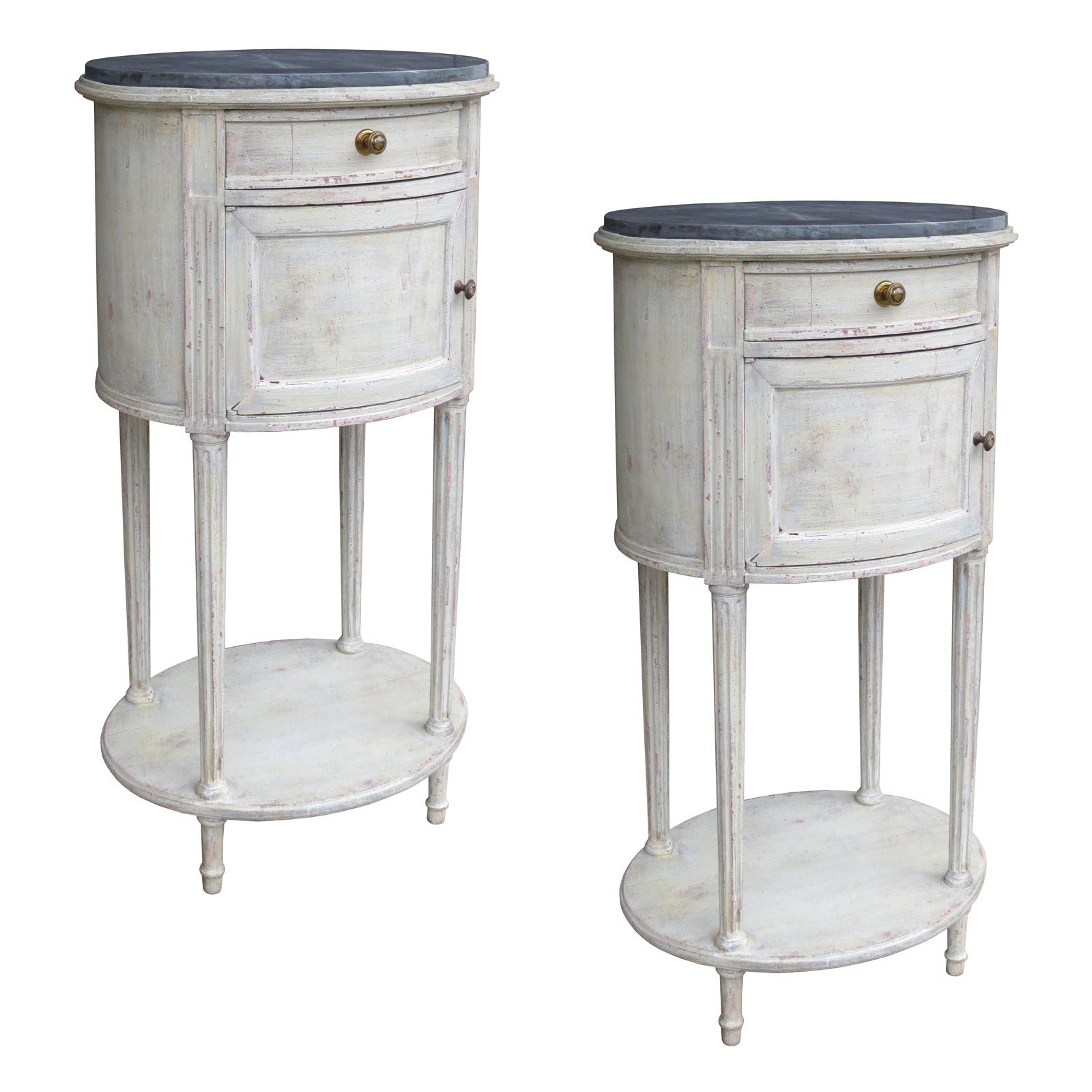 Pair of 19th/20th Century French Bedside Tables with Marble Tops & Interior