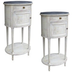 Pair of 19th/20th Century French Bedside Tables with Marble Tops & Interior
