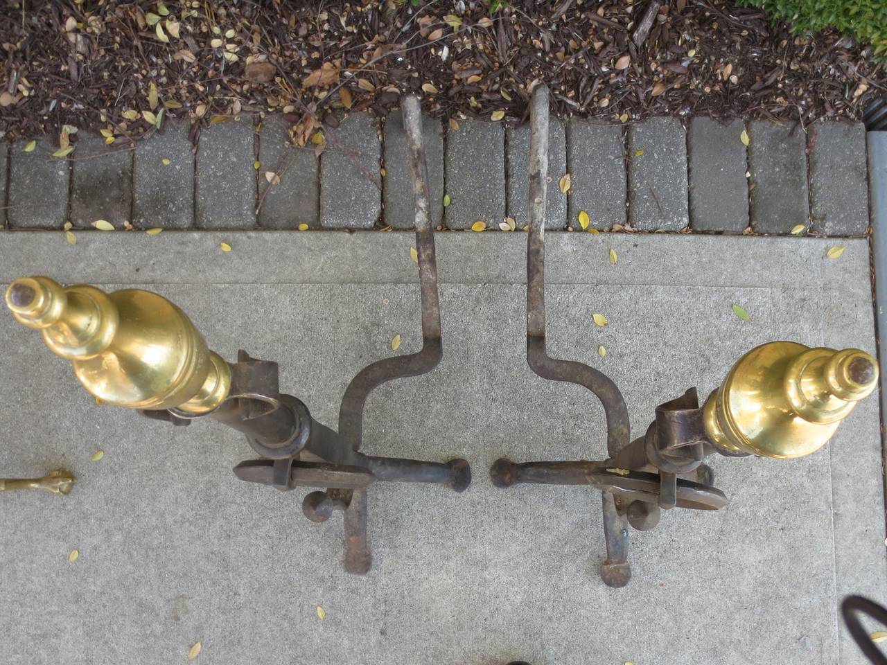 19th Century Pair of Late 19th-Early 20th Century Large Brass and Iron Andirons