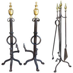 Pair of Late 19th-Early 20th Century Large Brass and Iron Andirons