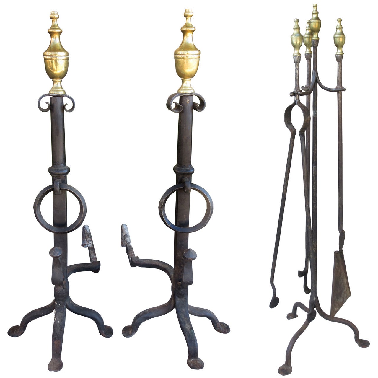 Pair of Late 19th-Early 20th Century Large Brass and Iron Andirons