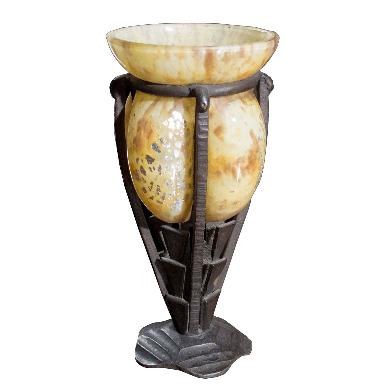 Art Deco Andre Delatte Glass and Wrought Iron Vase by Nancy, circa 1930 For Sale