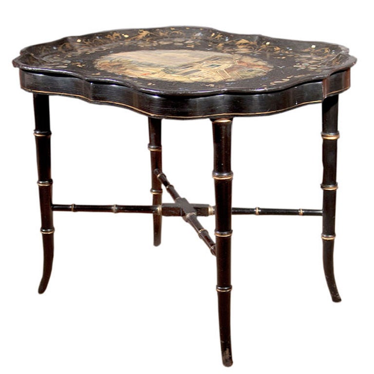 Victorian Papier Mache Inlaid Tray Table For Sale
