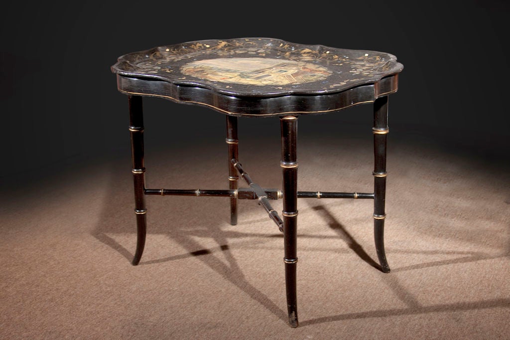 English Victorian Papier Mache Inlaid Tray Table For Sale