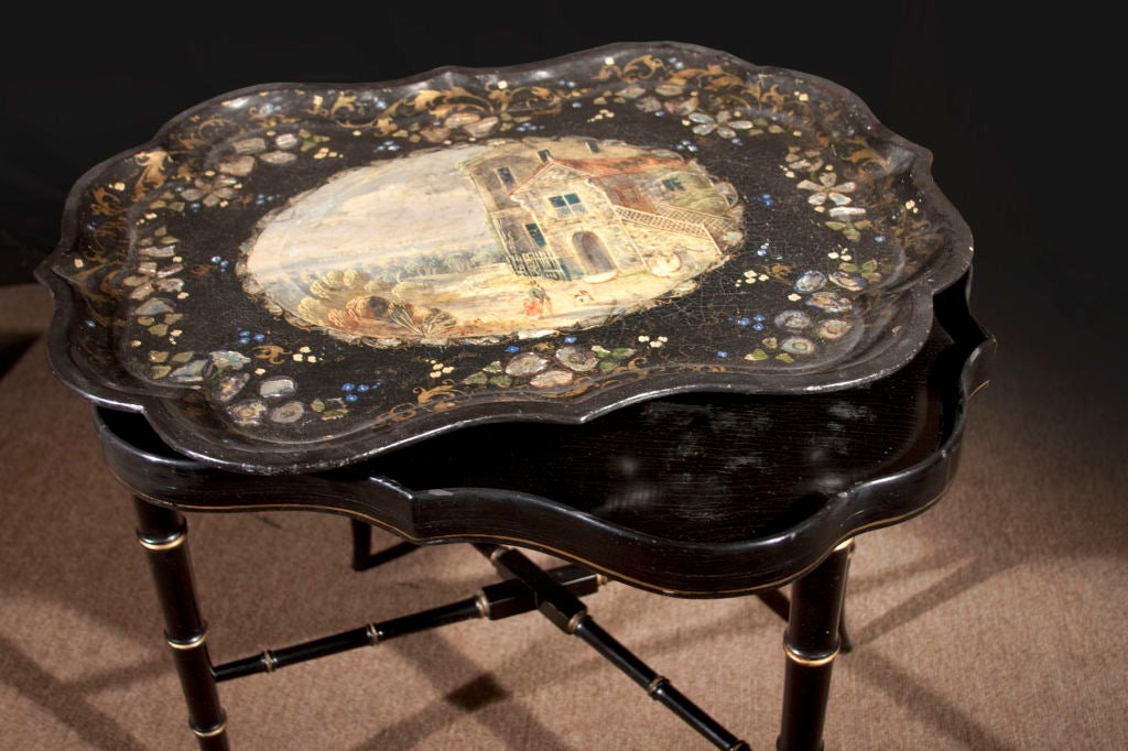Victorian Papier Mache Inlaid Tray Table For Sale 3
