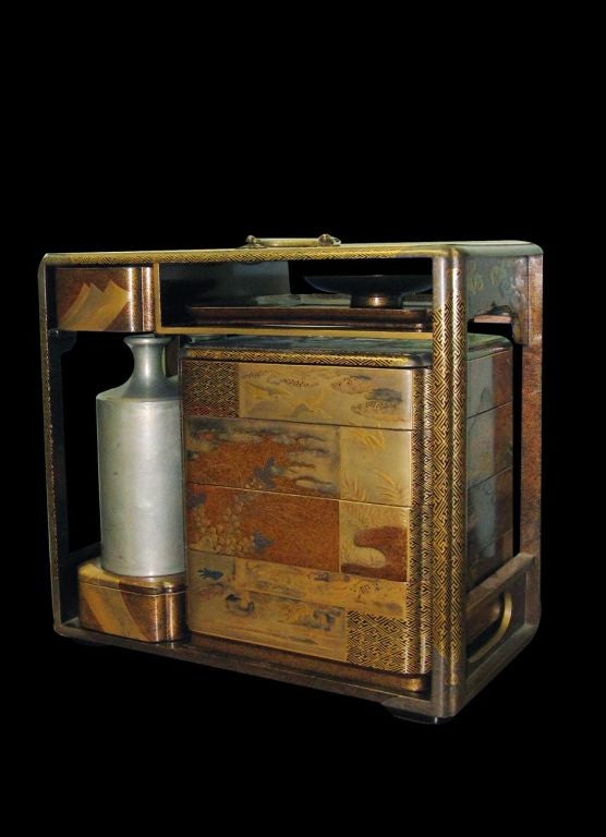 Exquisitely Detailed Japanese Lacquer Picnic Box with Sake Bottles Late 19th C