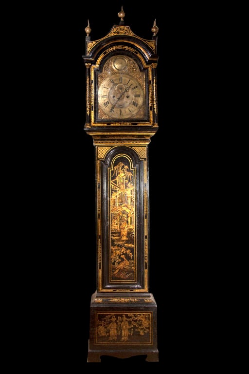 # V088 - Mid-Georgian black lacquer and chinoiserie decorated tall case clock by Henry Thornton, London. The well proportioned case beautifully decorated with stylized Chinese motifs including geometric fret borders, flowers and foliage, and figures