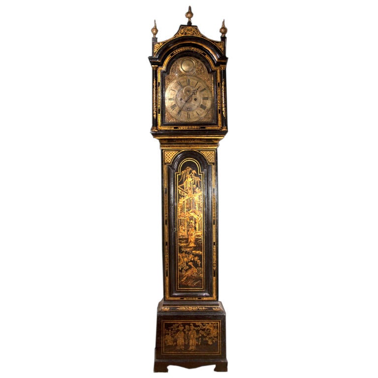 Georgian Japanned and Parcel-Gilt Long Case Clock, Mid-18th Century For Sale