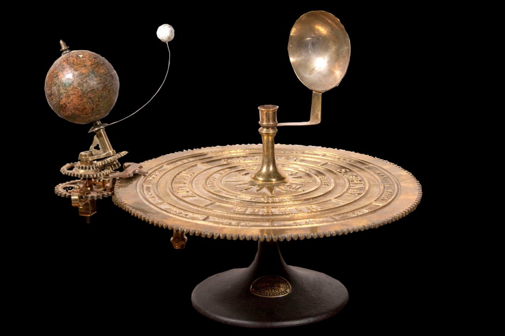Parkes and Hadley patent brass table orrery. This decorative mechanical apparatus exhibits the relative motions and positions of the members of the solar system. Named after the fourth Earl of Orrery, Charles Boyle, 1676-1731, an English statesman