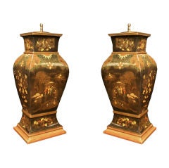 Pair Chinoiserie Black Lacquered And Gilt Japanned Vases / Lamps. Mid 19th C