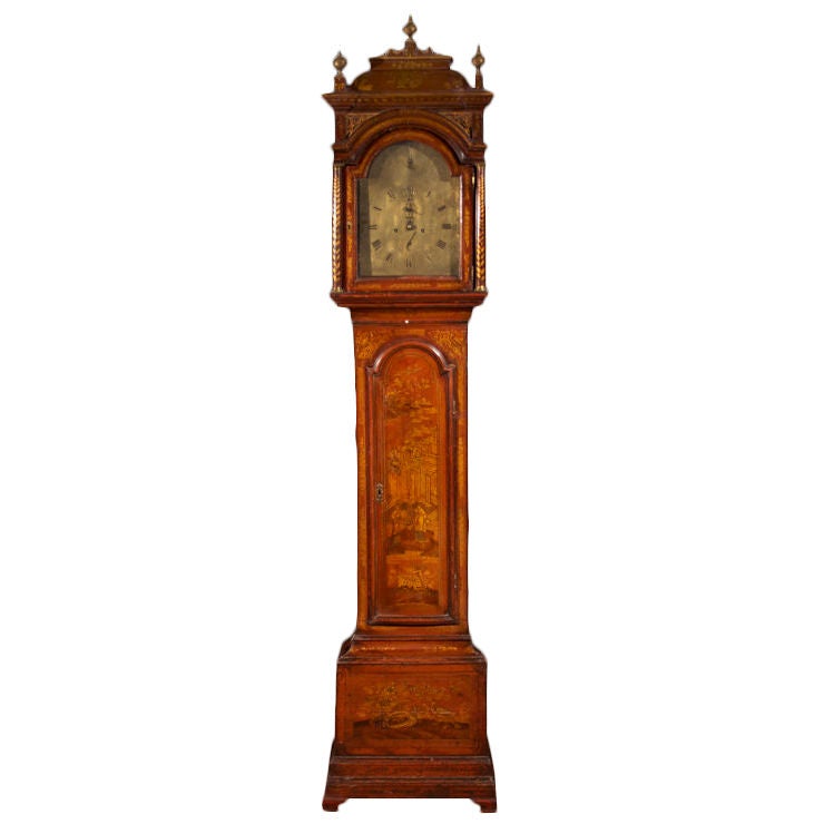 Red Lacquered Chinoiserie Long Case Clock by Leumars, English, Mid-18th Century For Sale