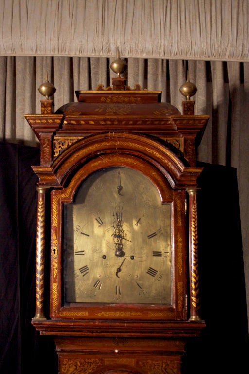 Georgian Red Lacquered Chinoiserie Long Case Clock by Leumars, English, Mid-18th Century For Sale