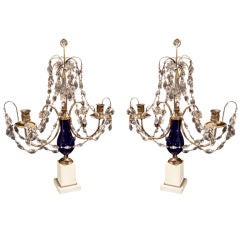 Pair Marble And Cobalt Glass Girandoles