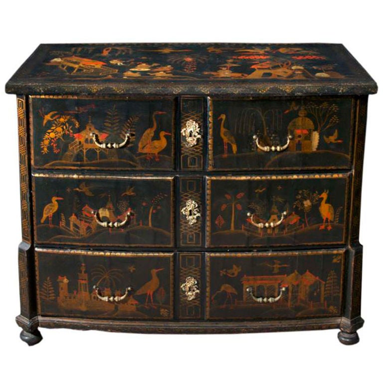 Japanned Bow Front Chest of Drawers. Dutch, Mid 18th Century