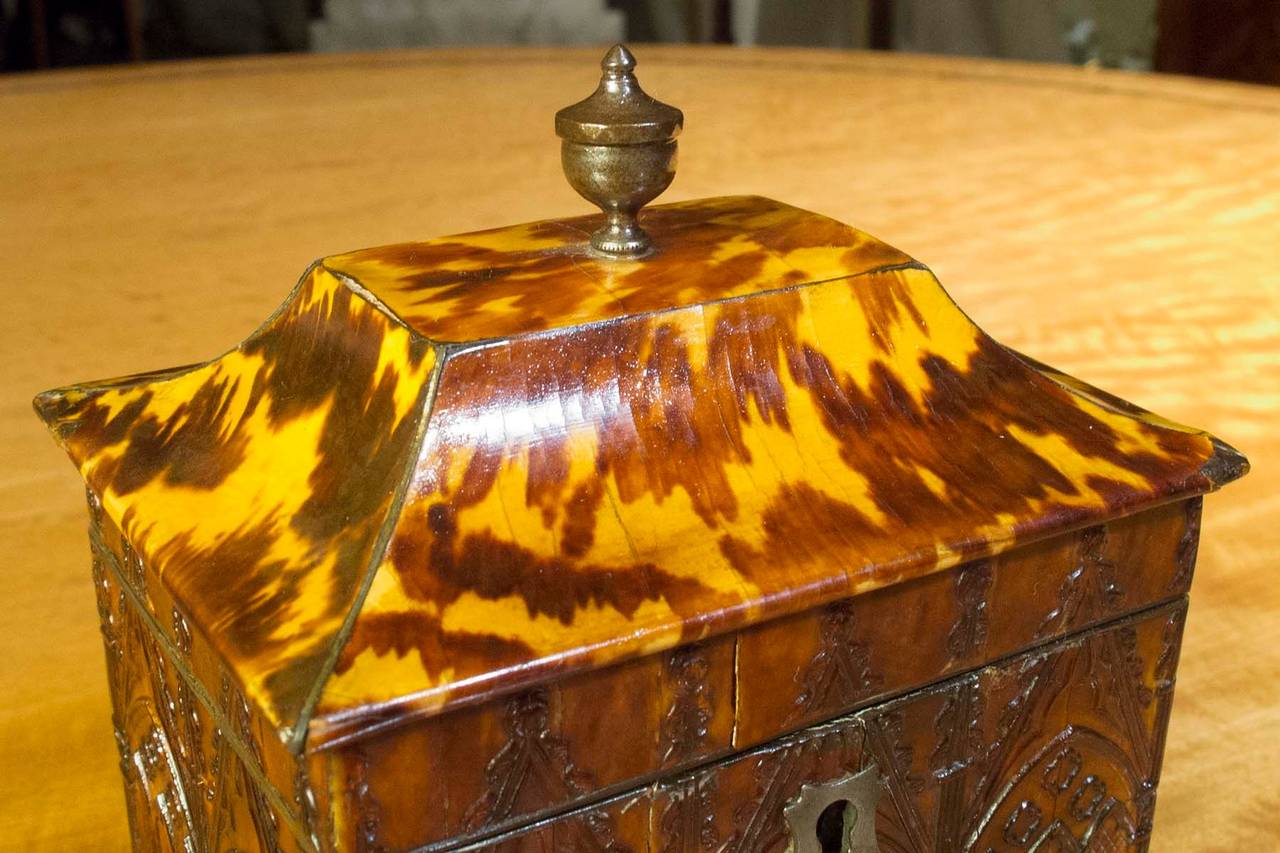 English Rectangular Pressed Tortoiseshell Tea Caddy with Brass Finial