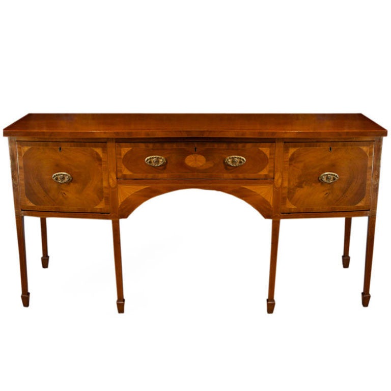 George III Bow Fronted and Inlaid Mahogany Sideboard, English, circa 1785 For Sale