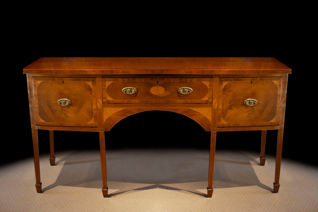 Neoclassical George III Bow Fronted and Inlaid Mahogany Sideboard, English, circa 1785 For Sale