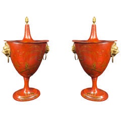 Pair of Anglo-Dutch Chinoiserie Painted Tole Chestnut Urns Mid-19th Century