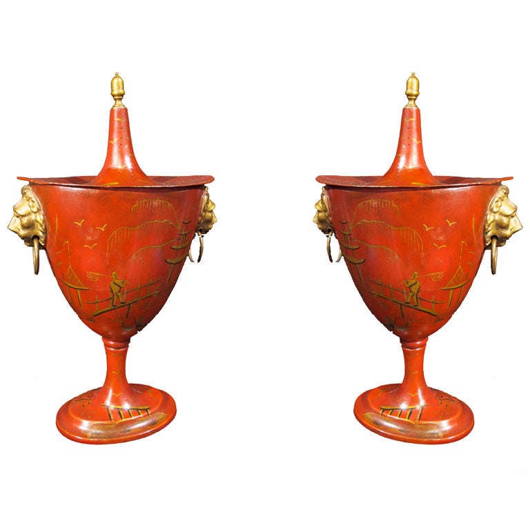 Pair of Anglo-Dutch Chinoiserie Painted Tole Chestnut Urns Mid-19th Century For Sale