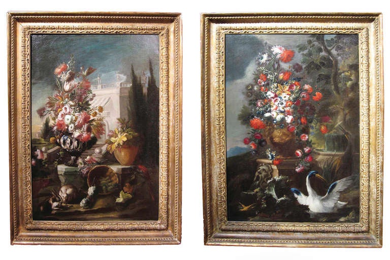 # E003 - A marvelous pair of oil on canas paintings in the manner of Nicola Casissa (d.1731). A renowned Neopolitan still life artist, he was a follower of Belvedere and a contemporary of Malinconico and worked in the popular genre of the time.