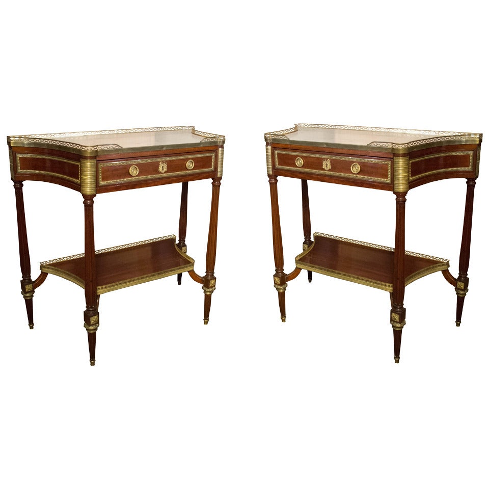 Pair of Louis XVI Ormolu Mounted Mahogany Marble-Top Consoles Late 18th Century