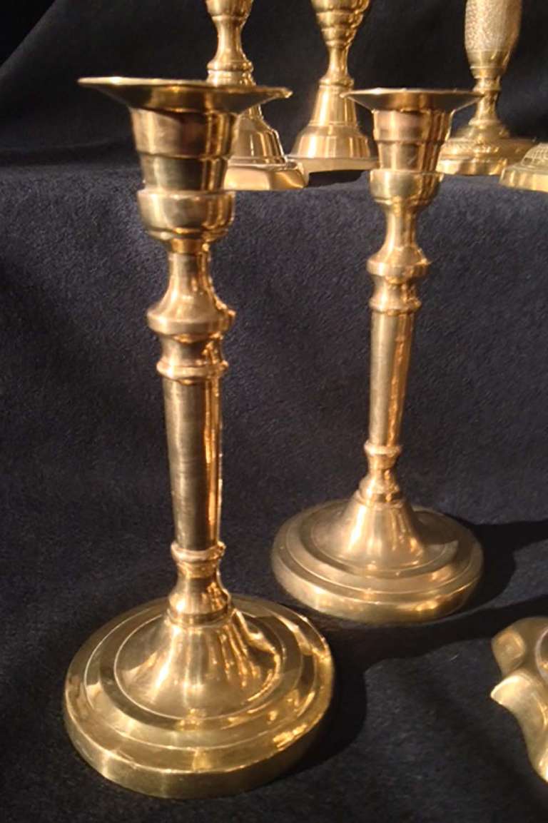 Georgian Set of Seven Pairs Brass Candlesticks, 18th-19th Century For Sale