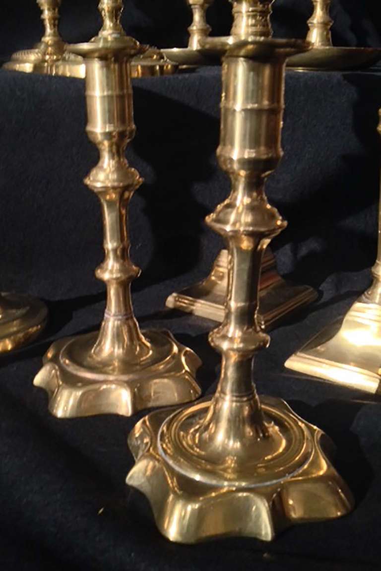 Set of Seven Pairs Brass Candlesticks, 18th-19th Century In Excellent Condition For Sale In New York, NY