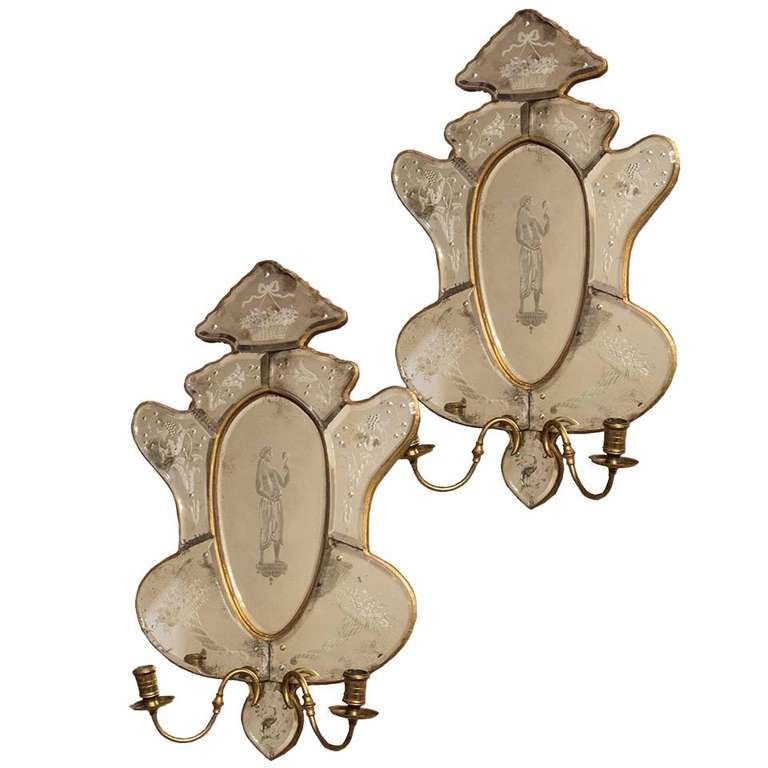 Pair of Venetian Etched Glass Sconces For Sale