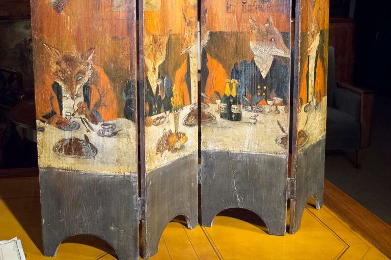 English Painted Four-Panel Screen Early 20th Century