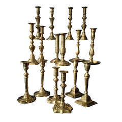 Set of Seven Pairs Brass Candlesticks, 18th-19th Century